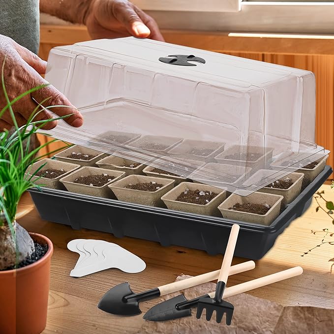 4 Pack Seed Starter Tray Kit, 120 Square Seed Peat Pots for Seedlings with Plants Labels, Planting Tools, Plastic Growing Germination Trays with Lids for Indoor Outdoor Gardening, Black