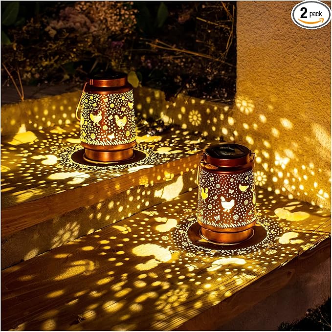 2 Pack Solar Chicken Lanterns Outdoor Waterproof Hanging Lights for Garden Decor, Yard, Patio, Lawn, Tabletop, Pathway, Landscape - Metal Decorative LED Gifts for Women Men