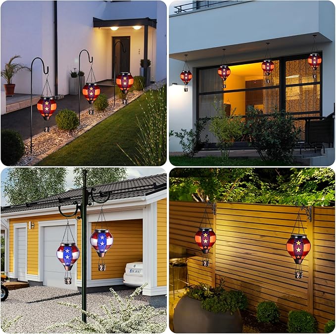 pearlstar Hot Air Balloon Solar Lantern with Flickering Flame Light Outdoor Solar Hanging Lights Waterproof for Garden Yard Farmhouse Patio Pathway Outside Independence Day Decoration,Glass, Star
