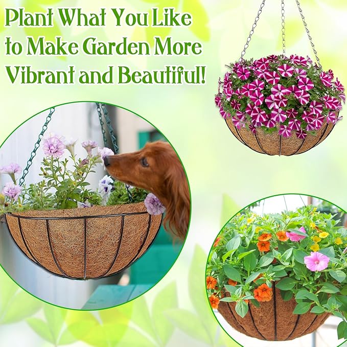 ZeeDix 3 Pack 16 Inch Metal Round Hanging Planter Basket with Coconut Liners Replacement, Hanging planters Baskets with Natural Coco Liner for Outdoor Indoor Planters Flowers Vegetables