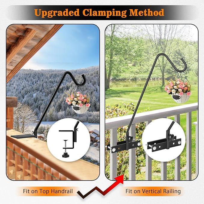 FEED GARDEN Upgraded 2 Pack 13.5 Inch Deck Hooks for Railing, Adjustable Deck Hangers, 360 Degree Swivel, for Hang Humming Bird Feeders,Lanterns, Wind Chimes, Flower Basket and Suet Baskets
