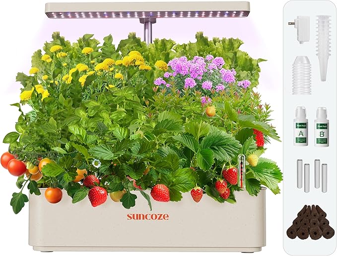 Hydroponics Growing System Kit 12 Pods, 24W LED Grow Light Indoor Garden, 4L Water Tank with Quiet Pump, Adjustable Height Herb Garden Planter Indoor Kit, Gardening Gifts, Beige