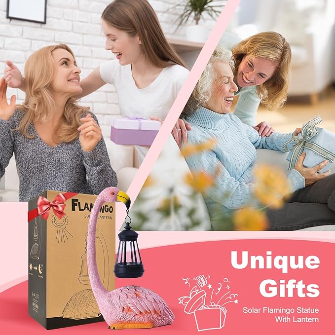 Garden Flamingo Statue with Solar Lantern - Outdoor Statue Yard Art for Patio Lawn Balcony, Unique Flamingo Gifts for Mom Women Grandma