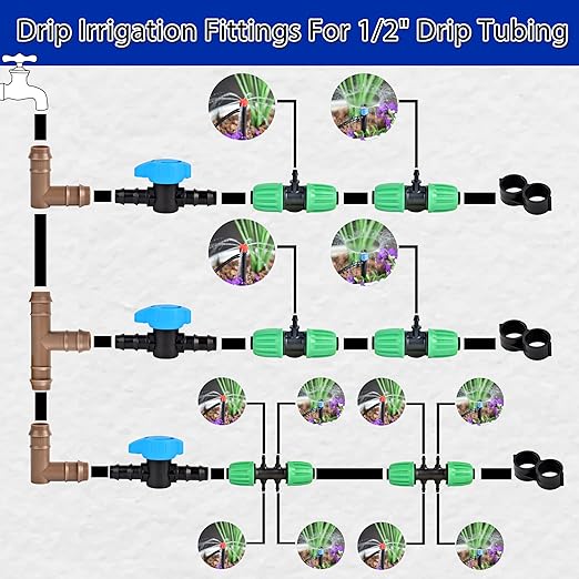 Drip Irrigation Fittings Kit,Irrigation Barbed Connectors for 1/2" Drip Tubing, Drip Line Parts - 6 Couplings, 6 Tees, 6 Elbows, 6 End Clamps, 2 Switch Valves