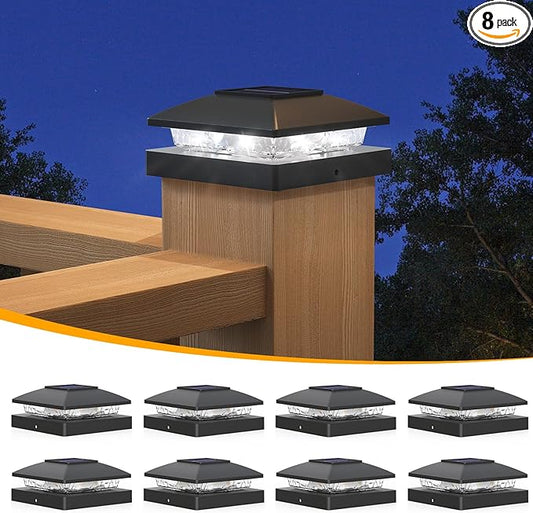 APONUO Solar Post Cap Lights for 4x4 Wood & Vinyl Posts, IP44 Waterproof Cool White LED 4x4 Post Solar Lights, Outdoor Garden Patio Yard Decor, 8 Pack (Black)