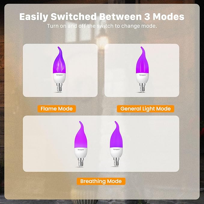 Hompavo 【Upgraded LED Flame Light Bulbs, 3 Modes Flickering Light Bulbs, E12 Chandelier Base Candle Fire Light Bulb for Halloween Christmas Party Porch Indoor & Outdoor Home Decoration, Purple 6 Pack