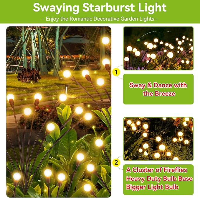 Solar Garden Lights Outdoor Waterproof, 4 Pack 32 LED Decorative Swaying Light, Firefly Light Outdoor Decor Lights for Garden Gifts for Pathway Party Christmas, Warm White