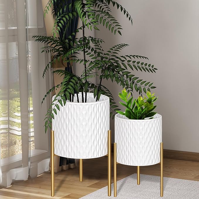 ARNIS Plants Pots with Stand, Set of 2 Planters, Unique Mid Century Decorative Metal Flower Pots with Drainage, 10.5 & 12.25 Inch, White and Gold