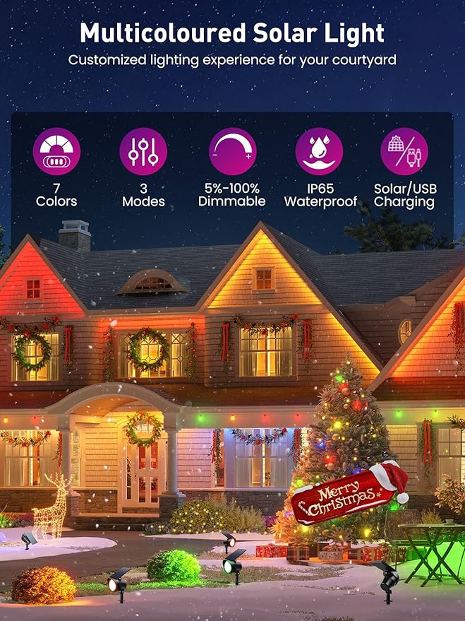 Solar Spot Lights Outdoor Color Changing, Dimmable IP65 Waterproof Solar Landscape Spotlights for Garden Yard Decorations, 4 Pack