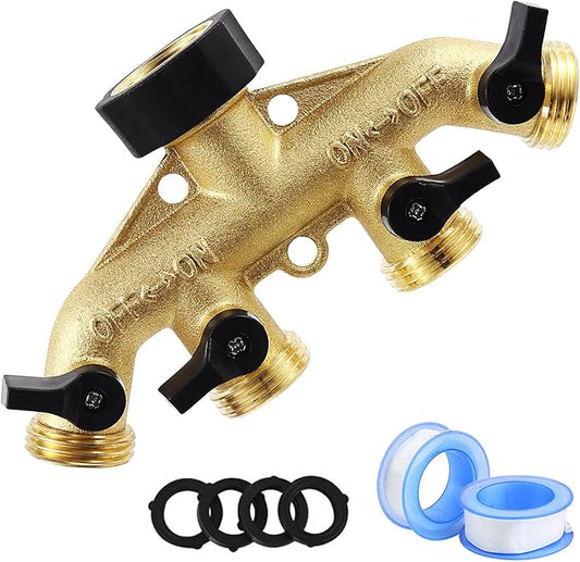 4 Way Brass Garden Hose Splitter Heavy Duty Garden Tap Hose Adapter Nozzle Switcher Connector with 4 Shut-Off Valves for Garden Irrigation Watering (American Thread 3/4)