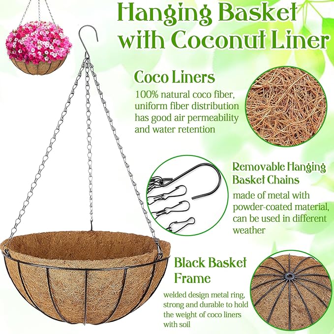 ZeeDix 2 Pack 16 Inch Metal Round Hanging Planter Basket with Coconut Liners Replacement, Hanging planters Baskets with Natural Coco Liner for Outdoor Indoor Planters Flowers Vegetables
