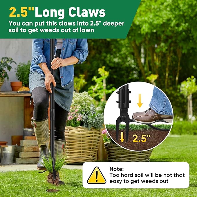 BlumWay 64 INCH Weed Puller Tool, Stand Up Heavy Duty Weed Puller, 3 Adjustable Long Handle Weed Remover Tool, 4 Claw Steel Head Weeder Tool, Garden Manual Weeding Tool Without Bending or Kneeling
