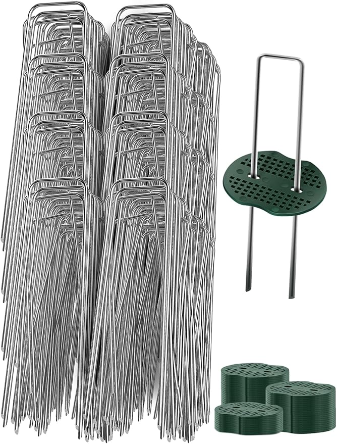 GROWNEER 50 Pack Galvanized Landscape Staples 6 inch 11 Gauge Garden Staples and 50 Pack Gasket U-Shaped Tent Stakes SOD Pins Yard Stakes for Securing Weed Fabric Barrier Ground Cover Fence