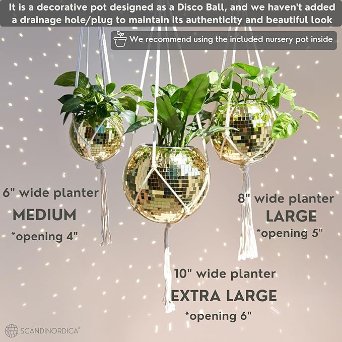 SCANDINORDICA Disco Ball Planter – Value Package: Mirror Disco Planter with Chain, Macrame Hanger and Acrylic Stand for Desk, Includes Self Watering Insert, Disco Decor | 8 inch Gold