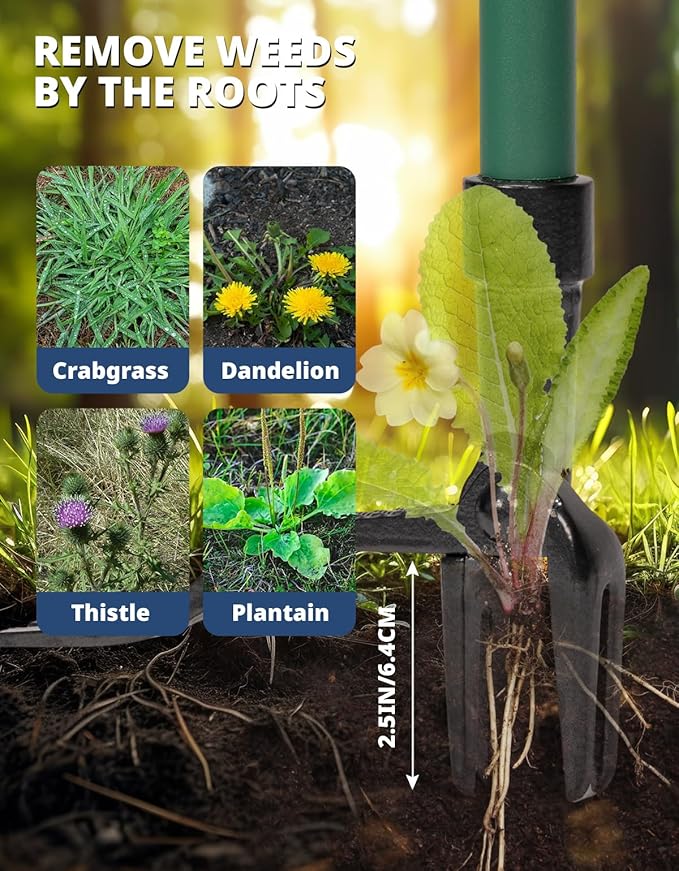 DEERFAMY Stand Up Weed Puller Tool with Long Handle, Garden Weeder Tool with 4-Claw Steel Head Design, Manual Weeder with 3-Metal Structure, Effortless Weeding Without Bending, for Dandelions, Green