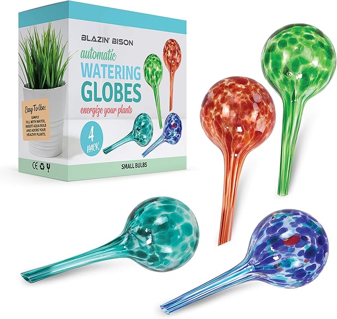 Blazin Indoor Plant Watering Globes | Automatic Self Water Bulbs | Aqua Water Globe | Decorative Hand-Blown Glass | 4pc Deluxe Set (4, Small)