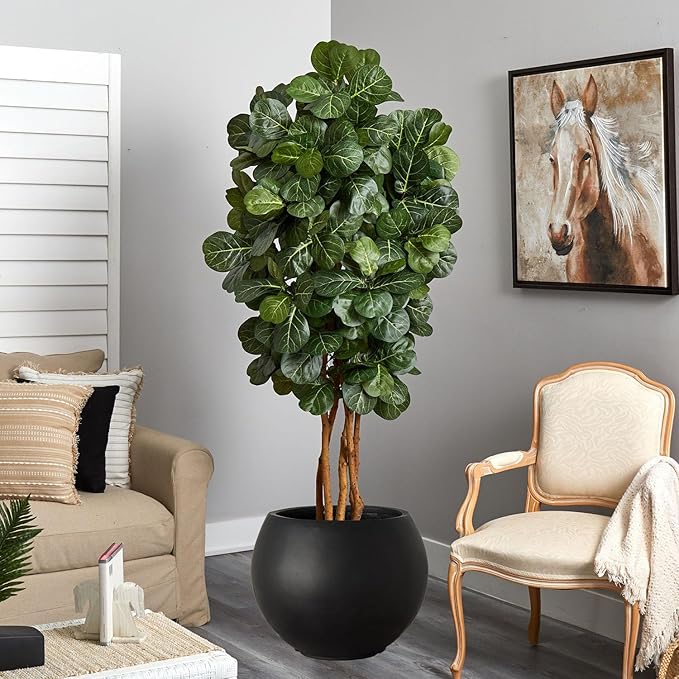 17 H x 21" Dia (15" Pot Opening) Black Round Fiberstone Tall Planter with Drainage Hole, Indoor/Outdoor Large Plant