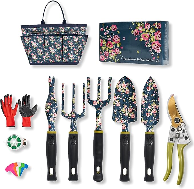 Garden Tool Set, 25Pcs Heavy Duty Floral Garden Tools, Aluminum Rust-Proof Gardening Kit with Garden Shovel, Trowel, Pruner, Gloves, Ideal Gardening Gift