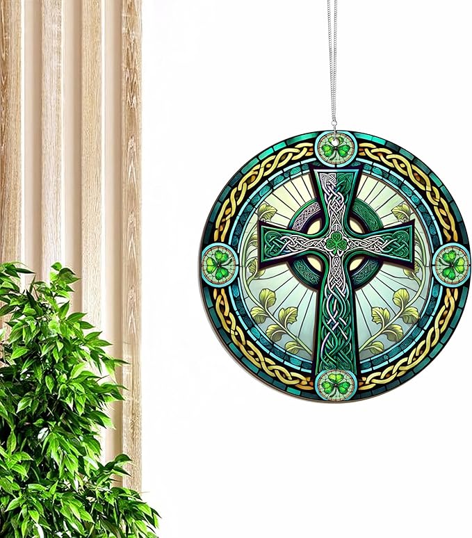 Irish Gifts, St Patricks Day Decor - Birthday, Christmas, Good Luck Irish Gifts for Men Women, Shamrock Decorations, Celtic Cross Home Decor - Window Suncatcher Hanging Decorations 6 in