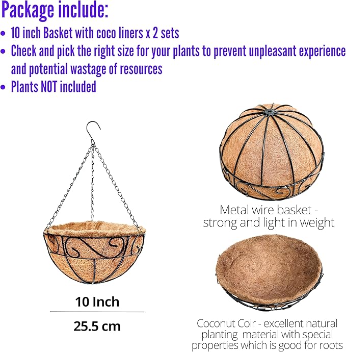 LaLaGreen Hanging Planter for Outdoor Plants (2 Pack, 10 Inch) Hanging Baskets with Coco Liner, Metal Wire Flower Basket Pots with Hook Hanger Balcony Porch Farmhouse Country Style Garden Decor