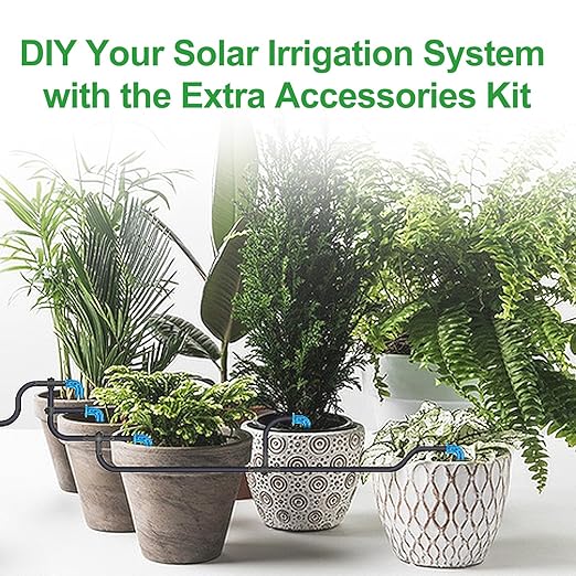 Drip Irrigation Kit Accessories, NVRGIUP 32.8FT Solar Auto Drip Irrigation Extra Accessories Kit, Automatic Irrigation System Expansion Kit with Filter, 1/8 Inch Pipe, 10 Barbed Fittings and 10