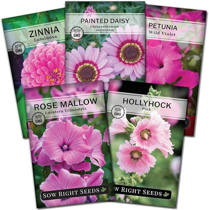 Sow Right Seeds - Collection of Pink Flower Seeds for Planting - Non-GMO Heirloom Packets with Instructions - Wonderful Rosy Blooms to Attract Pollinators - Cut and Come Again - Rare Varieties