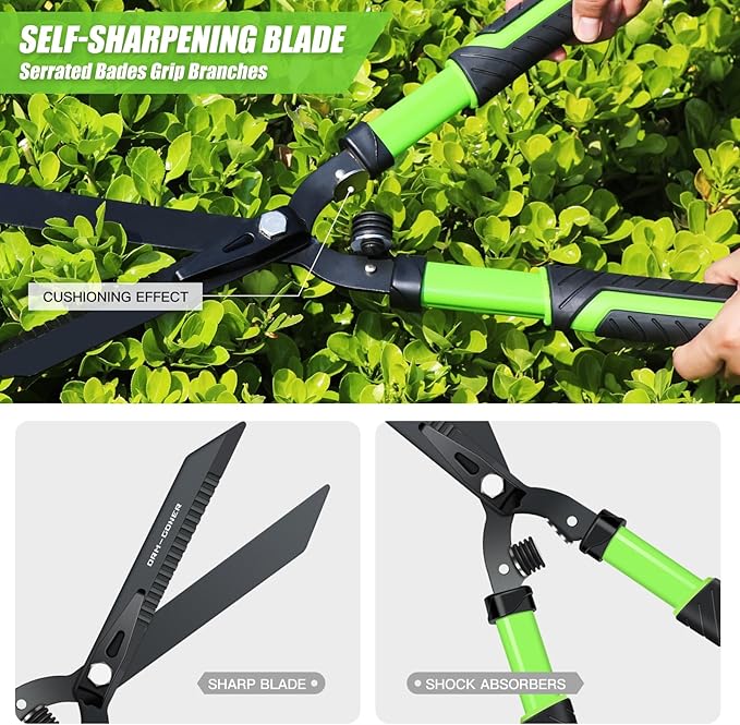 Garden Hedge Shears Heavy Duty,23" Manual Hedge Clippers with New Tech Serrated Blade & Dual Shock Absorbing Cushion,Shears Gardening Tools