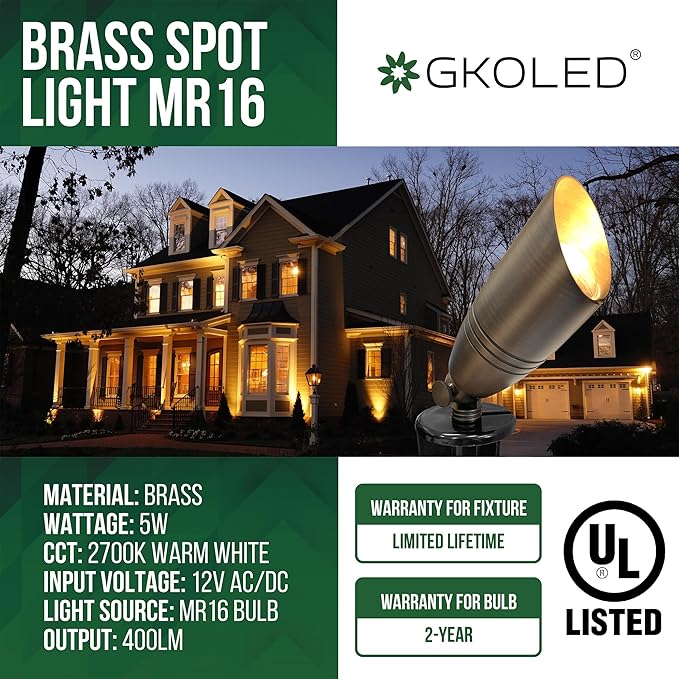 GKOLED UL Listed Solid Brass Landscape Spotlight, Low Voltage Outdoor Directional Uplight, with 5W MR16 LED Bulb & Large Rugged Slot Spike, 12V AC/DC Garden Patio Spot Up Light (10 Pack)