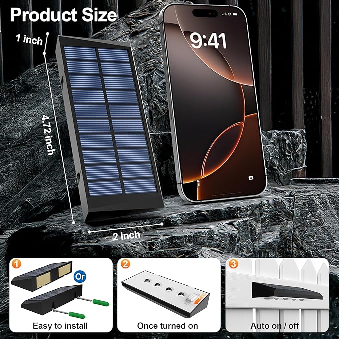 Solar Fence Lights Outdoor Waterproof IP65, 6 Pack Fence Lights Solar Powered 60 Lumens Auto On/Off Step Wall Lights Outside Decorations for Yard, Porch, Patio, Stairs, Pool, Deck, Garden- Warm Light