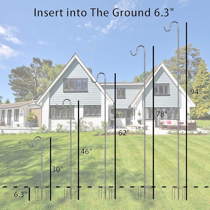 Shepherds Hook for Outdoor, 94 Inch Tall & 5/8 Inch Diameter Stainless Steel Heavy Duty Poles to Hang Outdoor Lights with 5 Prongs Base, Suitable for Bird Feeders or Wedding Decors(1pack)