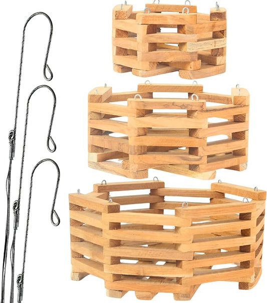 3 Wooden Octagon Shaped Orchid Baskets with Hangers. Rustic Handmade Vanda Baskets, Hanging Boxes