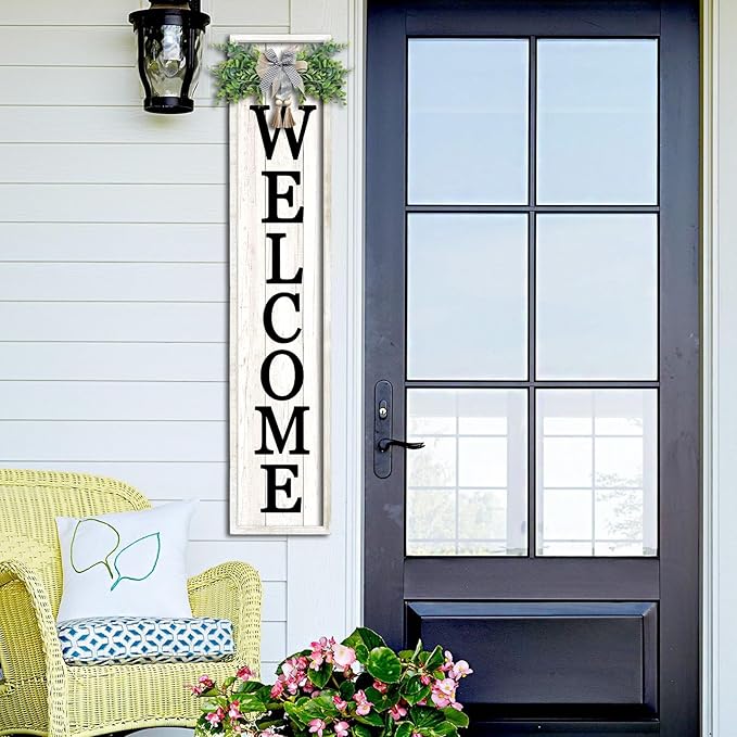 Welcome Sign for Front porch Standing 45"X9"Large Wood Frame Outdoor Tall Welcome Signs Vertical Decor for Farmhouse Rustic Home Modern Outside Front Door Wall Decorations (White)