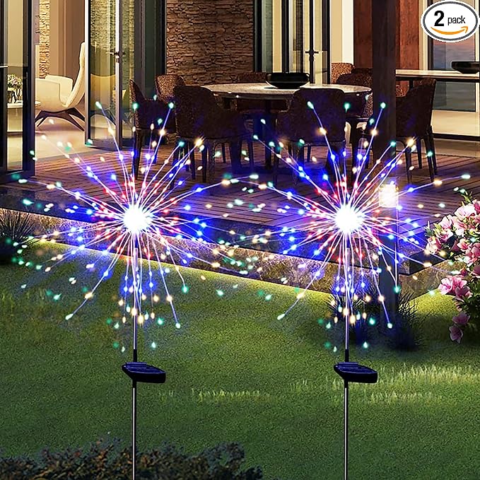Solar Garden Lights for Outdoor Decor, Waterproof 2 Pack Solar Powered Firework Stake 120 LED Sparklers String Lights for Yard Pathway (Colorful)