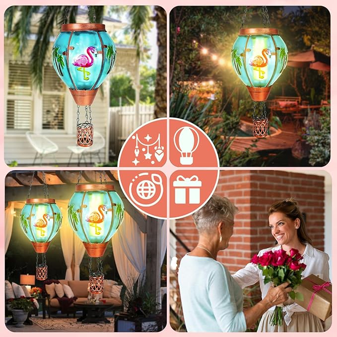 Flamingo Solar Hot Air Balloon Lantern, Outdoor Decor with Flame Lights Waterproof, Hanging Lights for Garden Yard Lawn Patio, Unique Gifts for Women Mom Grandma Gardener for Mother'Day