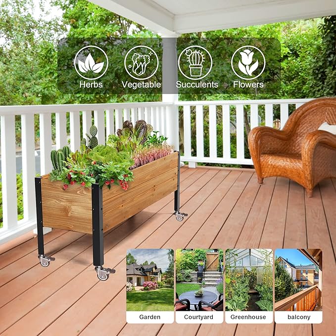 Wood Rectangular Garden Planter Box with Wheel Raised Garden Bed Outdoor,Planters for Outdoor Plants 37 * 13 * 15 Elevated Planter Box for Herbs Vegetables Flowers Outdoor Patio Deck Balcony