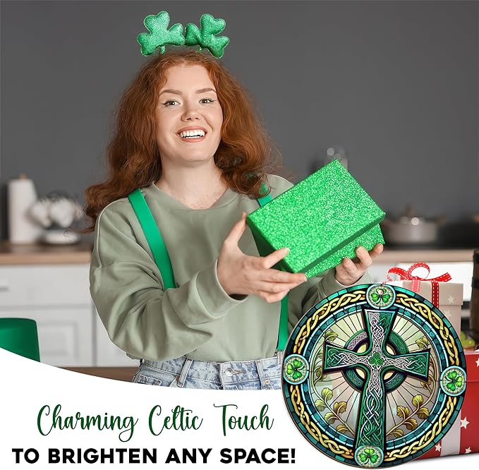St Patricks Day Decorations - Irish Gifts for Men Women Friends Family, St Patricks Day Accessories, Celtic Cross Home Decor - Double Layered Hanging Suncatcher 8 in