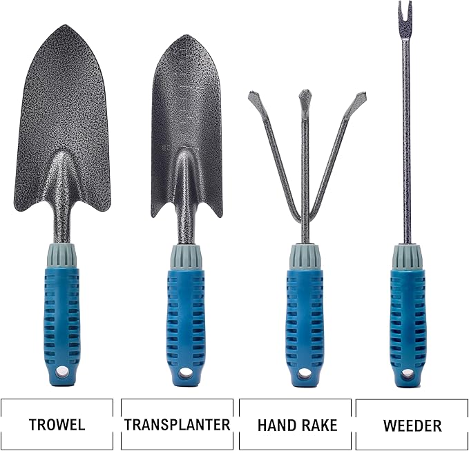 4 Piece Garden Tool Set Heavy Duty, Gardening Hand Tools Work No-Slip Grip Trowel Transplanter Weeder Hand Rake, Ergonomic Handle Indoor Outdoor