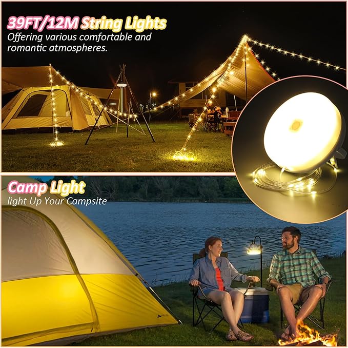 Solar Camping String Lights, 39.4FT Waterproof Camping Lights with 8 Lighting Modes, Rechargeable Outdoor Camp lamp 2 in 1with Remote Control, Portable Tent Lantern for Hiking, Yard, Party Decor