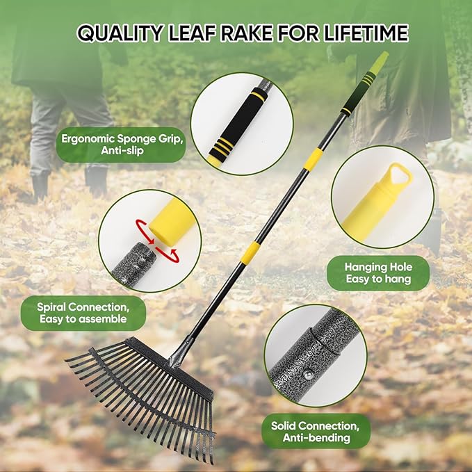Garden Leaf Rakes, 6FT Rakes for Lawns Heavy Duty 25 Metal Tines 18.5 inch Wide, Adjustable Long Steel Handle, Rakes for Leaves, Gathering Shrub, Leveling Grass, Flower Beds, Yards
