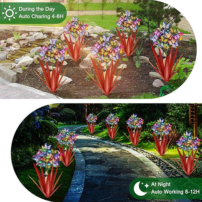 Homight Solar Metal Agave Butterfly Flower Stick Garden Sculpture - Outdoor Gift, Christmas Lights - Swaying Butterfly Garden Lights - Solar Outdoor (3 PCS RED)
