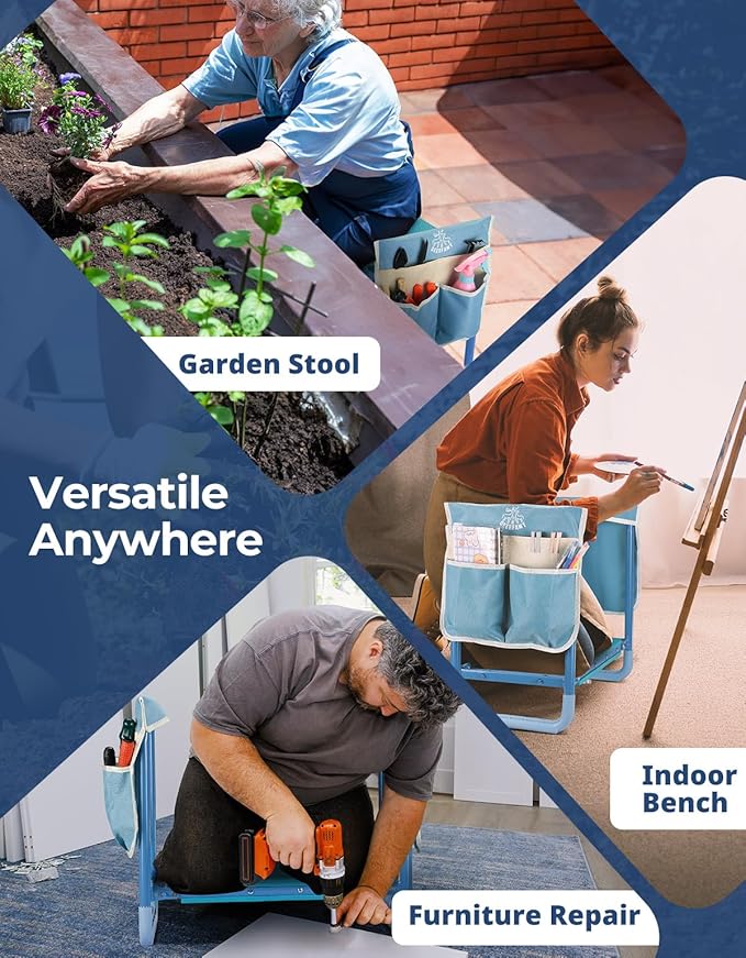 DEERFAMY Garden Stool 10.2" Width, Garden Kneeler and Seat Load Cap 350 lbs, Gardening Gift Heavy Duty with Extra Kneeling Pad, 2 Tool Pouches, Claw Gloves, Blue