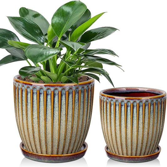 Oairse Ceramic Pots for Indoor Plants, 4.9 +5.7 inch Pots for Plants Set of 2 Brown Plant Pots with Drainage Holes and Saucers Texture Ceramic Planters Indoor Outdoor Flower Pots for Succulent