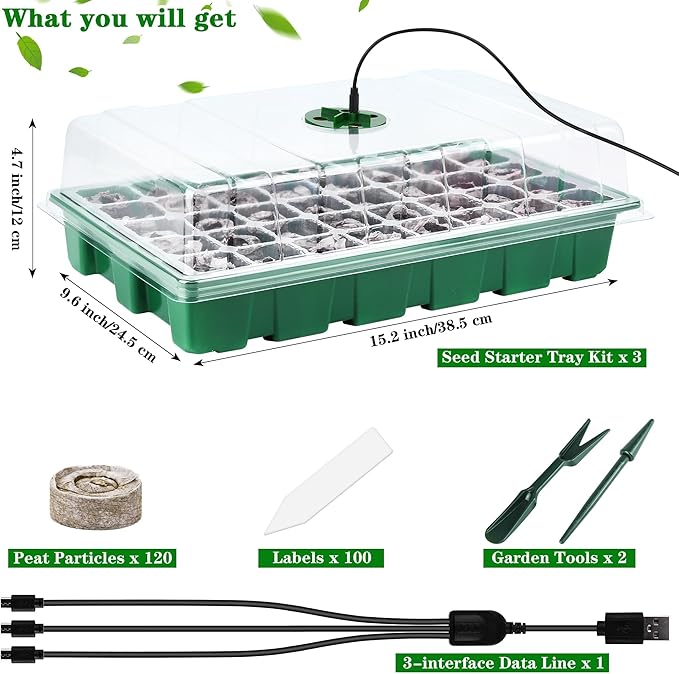 3 Pack Seed Starter Tray Kit with Grow Light Germination Trays with Humidity Dome, 120 Peat Pellets, Gardening Tools, Plant Labels, Plant Growing Trays for Seeds Growing Starting, Green