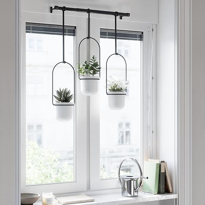 Umbra Triflora Hanging Planter for Window, Indoor Herb Garden, Set of 3, White/Black