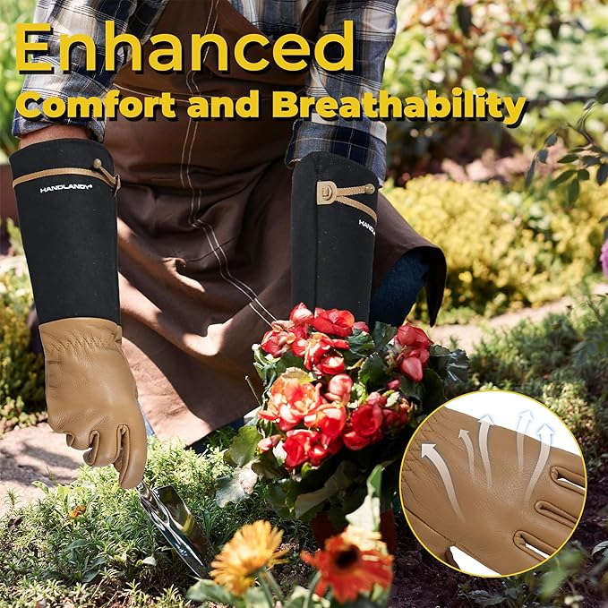 HANDLANDY Long Gardening Gloves for Men & Women, Cowhide Leather Rose Pruning Gloves, Breathable Thorn Proof Gauntlet Gloves (Brown-Cowhide, L)
