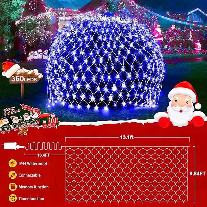 KNONEW Christmas Net Lights 360 LEDs 13ft x 9.8ft Outdoor Mesh Lights Connectable Waterproof 8 Modes & Timer Plug-in Net Fairy Lights for Bushes Garden Party Wedding Holiday,Blue