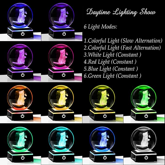 3D Cat Crystal Ball Cat Lover Gifts for Women 3D Cat Figurines Home Decor Cat Collectibles Snow Globes Gift for Girl Cat Lamp for Bedroom Unique Cat Gifts for Her