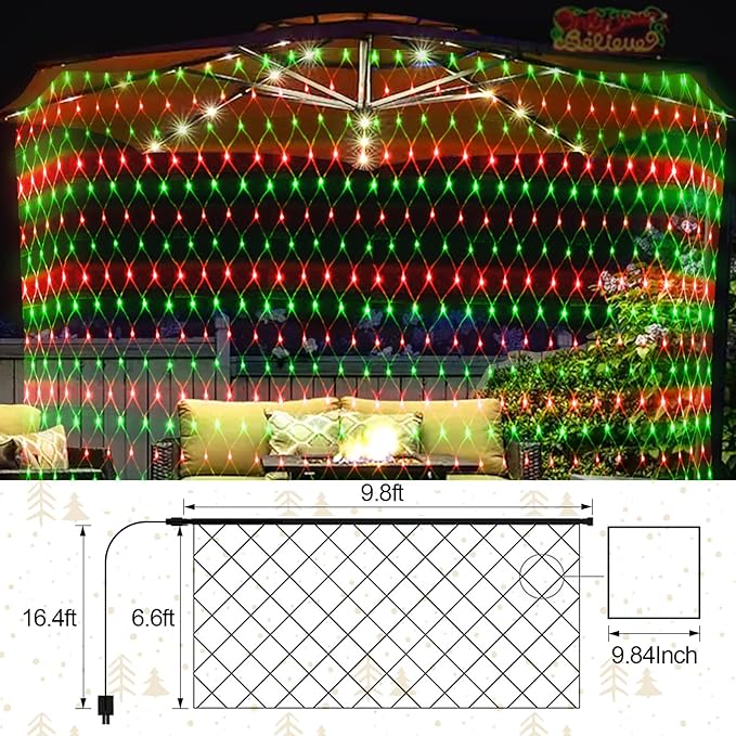 JXLEDAYY Christmas Net Lights Outdoor Decorations 3M*2M Mesh Lights Fairy String Lights Plug in with Timer Waterproof for Outside Bush Window Wall Patio Party Decor (Red ＆ Green, 200 LED 3M*2M)