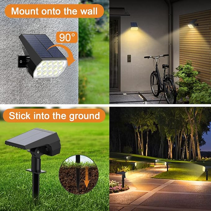 WELALO Solar Spot Lights Outdoor, [2 Pack/52 LED/3 Modes] 2-in-1 Solar Landscape Spotlights, Solar Powered Security Lights, IP65 Waterproof Wall Lights for Walkway Yard Garden Driveway(Warm White)