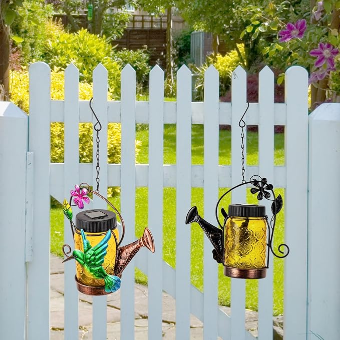 2 Pack Solar Lanterns Outdoor Waterproof Kettle Hanging Solar Lantern, Watering Jar Outdoor Solar Lanterns with Hummingbird Decor for Yard Garden Tree